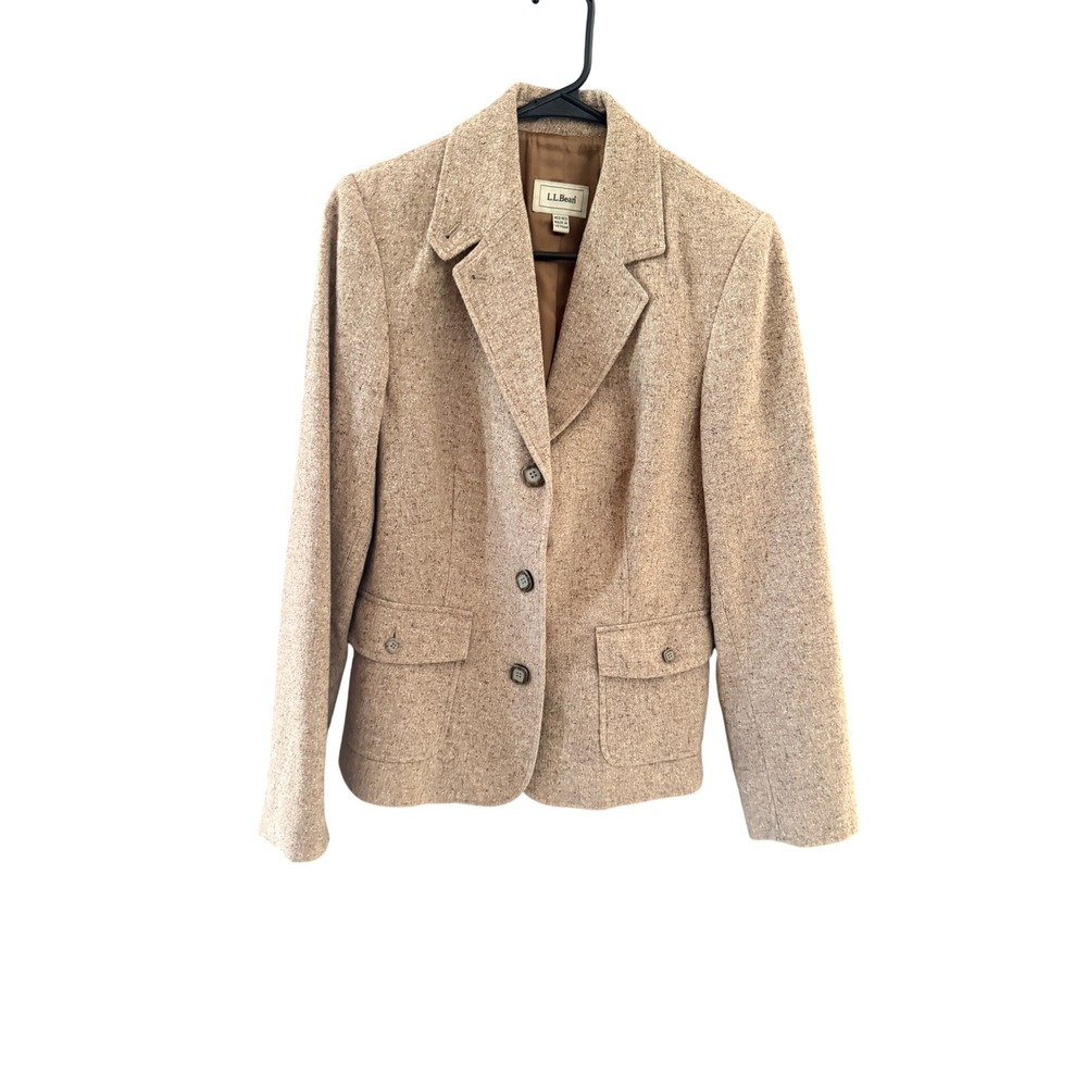 LL Bean‎ Vintage Wool Silk Blend Tweed Blazer Tan 3-Button Jacket Med Reg